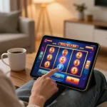 Engaged player enjoying 8kbetbh gaming experience on tablet, focused on slot machine action
