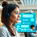 Engaging enterprise assistant facilitating communication in a modern workspace.
