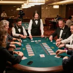 Players strategizing bets during a high-stakes baccarat game at LOTO188 casino, showcasing vibrant atmosphere and intense concentration.