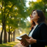Find my true calling as a woman reflects on her career options in a peaceful park setting.