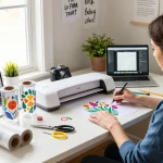 Cricut svg bundle crafting scene featuring colorful designs and tools at a craft table.