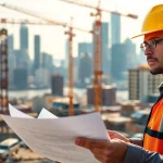 Manhattan Construction Manager analyzing plans on-site with skyline backdrop.