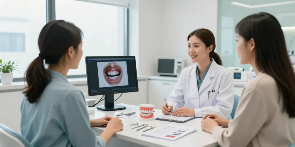 Orthodontist Melbourne discussing jaw alignment treatment options with a patient at a modern dental clinic.