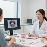 Orthodontist Melbourne discussing jaw alignment treatment options with a patient at a modern dental clinic.