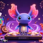 Baccarat game scene featuring a DJ axolotl, shrimp dancers, and vibrant casino elements.