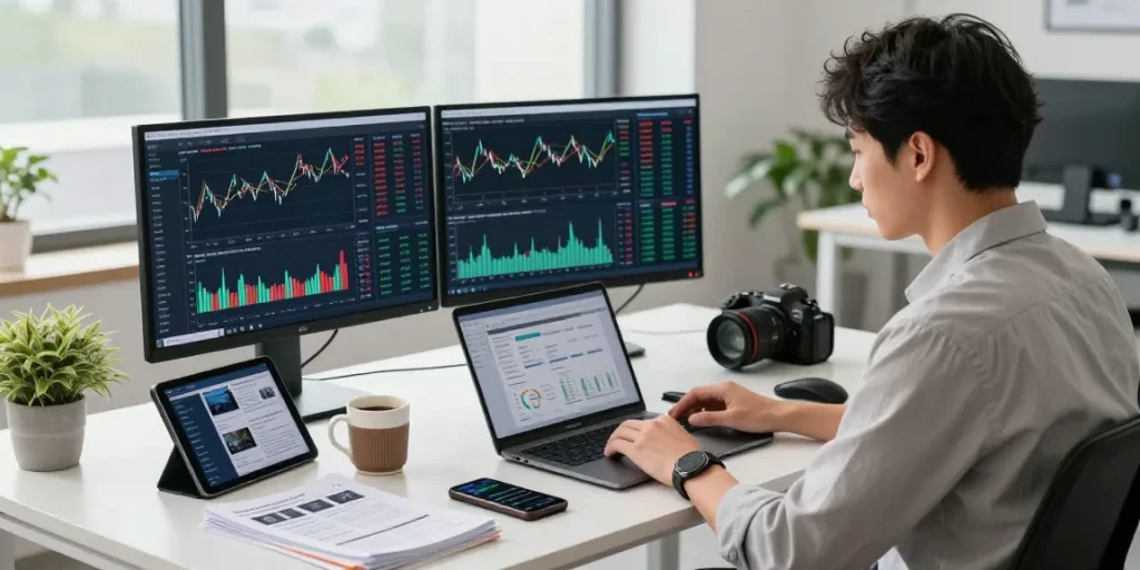 Financial market analysis tools showcased in a professional workspace with charts and data-based insights.