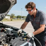 Mechanic draining Adblue in diesel car during roadside assistance, showcasing expert fuel recovery service.