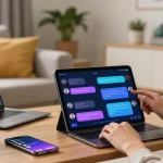 User engaging with an innovative NSFW chat bot in a cozy living room, highlighting a fun and relaxed digital interaction.