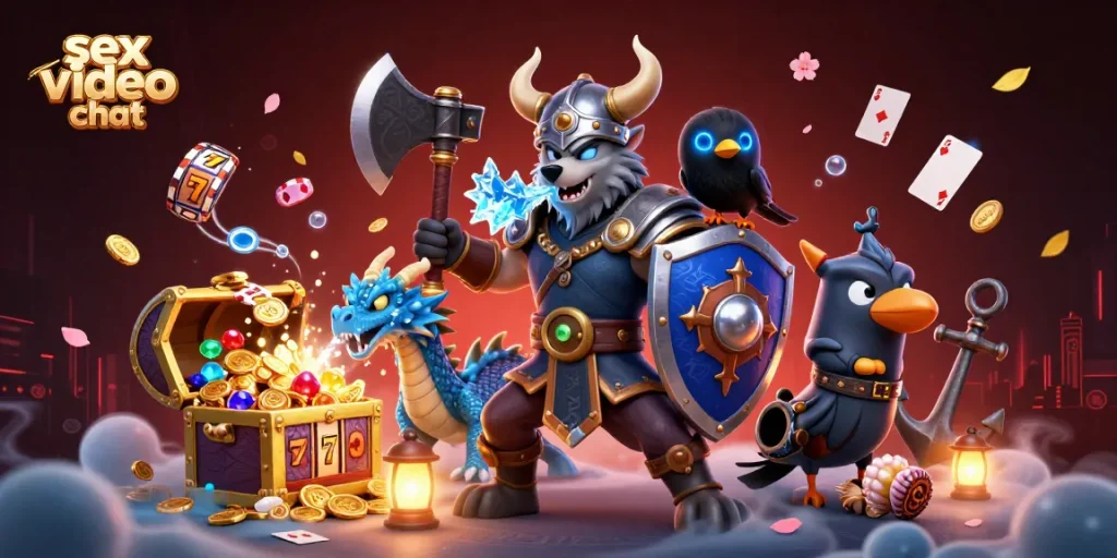 Engage in exciting sex video chat with our lively Viking wolf, dragon, and raven amidst a rich gambling backdrop.