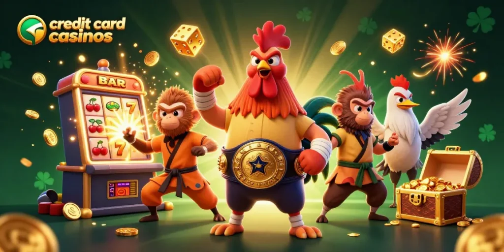 Experience thrilling action at credit card casinos with vibrant characters and dynamic gaming elements.