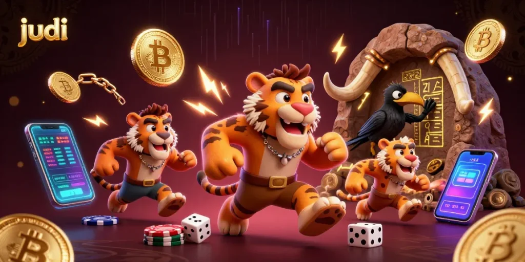 Experience thrilling judi games with the caveman duo at their prehistoric casino, filled with vibrant gaming elements.