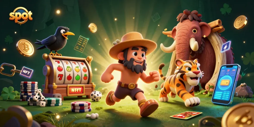 Spin exciting slot games with caveman characters, jackpot reels, and neon cryptocurrencies.