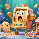Vibrant 3D illustration showcasing keonhacai slot machines celebrating winning moments with coins and crypto elements.