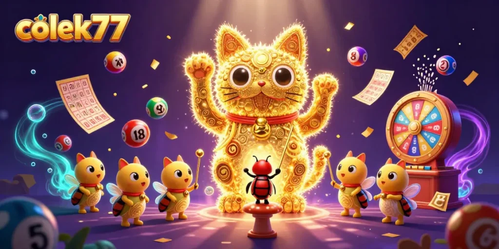 Engage with colek77's vibrant 3D casino world featuring a lucky cat and dynamic game elements.