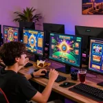 Engaged players enjoying a thrilling slot gacor gaming session in a vibrant home setting.