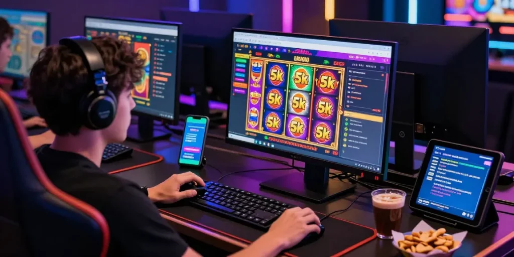 Player engaging with slot depo 5k games on a vibrant online casino interface, showcasing excitement and technology in gambling.