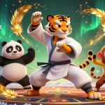 Join the action at daftar DRAGON222, featuring a lively casino scene with colorful characters and slot games.
