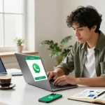 Illustration of WhatsApp下載 on a laptop in a vibrant home office.