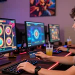Engaged player enjoying credit card casinos while spinning a slot game on a modern computer setup.