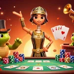 Jouer au poker en ligne avec des personnages colorés dans une illustration dynamique et festive.