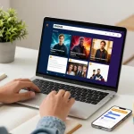Engaging rokok88 login scene showcasing a person using a laptop in a vibrant workspace, connecting with ROKOK88 episodes.