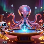 Le casino français en ligne présenté avec un octopus extraterrestre jouant au poker, entouré de jetons et d'effets de lumière.