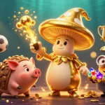 Illustration dynamique présentant un avis casino en ligne pour 2026 avec un magicien champignon doré et des éléments de pari.