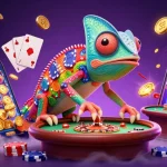 Jouez au casino français en ligne avec un caméléon coloré attirant des pièces d'or dans un environnement magique.
