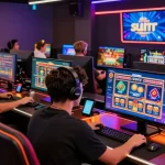 Gamers enjoying immersive online gaming at casinos that accept credit cards, featuring vibrant gaming tables and digital displays.