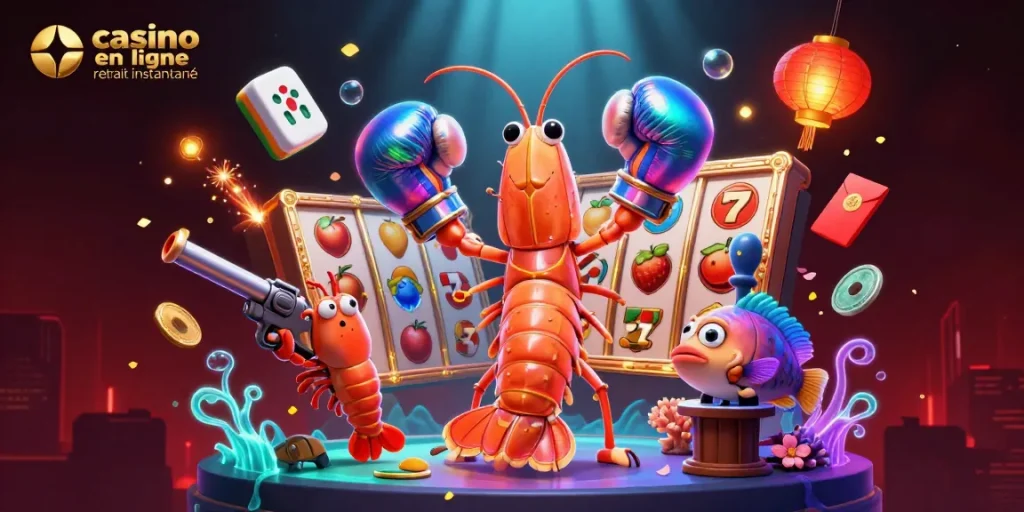 Jouez dans un casino en ligne retrait instantané avec un décor vibrant de personnages animés et d'éléments de jeu.