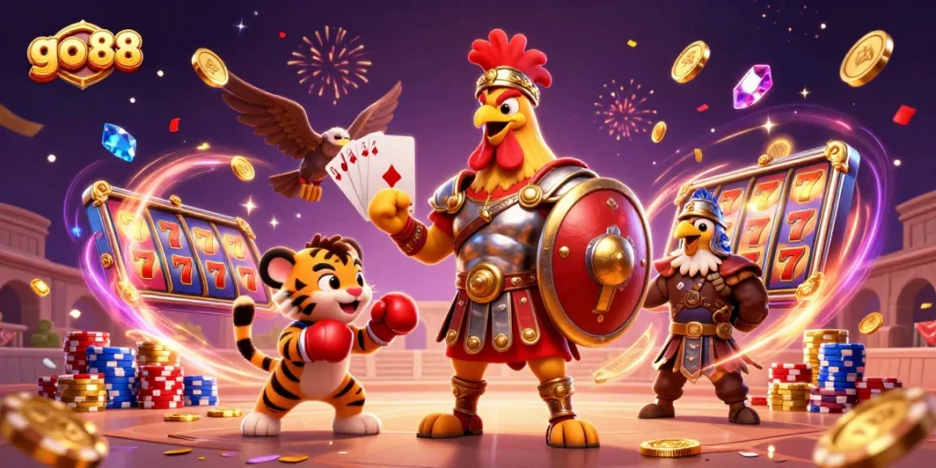 Experience thrilling gameplay as go 88 reveals a vibrant scene of a gladiator rooster, lucky slots, and dynamic poker elements.