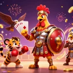 Experience thrilling gameplay as go 88 reveals a vibrant scene of a gladiator rooster, lucky slots, and dynamic poker elements.
