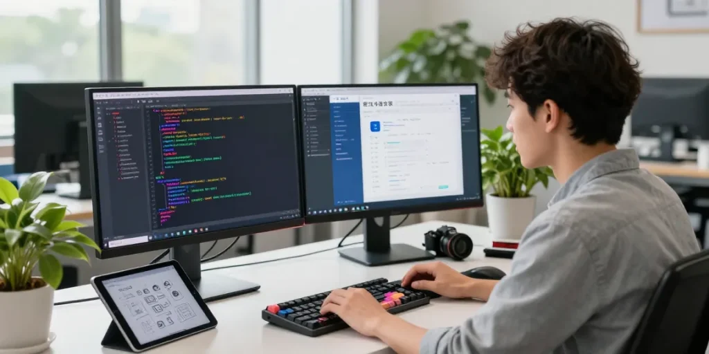 Developer coding 纸飞机中文版 app at modern workspace with dual monitors and natural light.