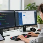 Developer coding 纸飞机中文版 app at modern workspace with dual monitors and natural light.