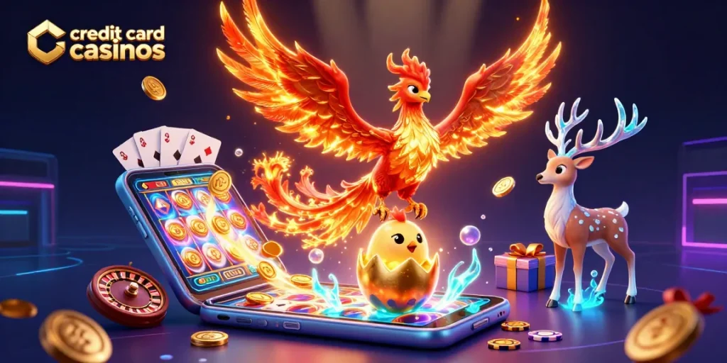 Engage with exciting credit card casinos featuring vibrant gaming elements in a dynamic scene.