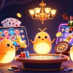 Scène vibrante avec des vers luisants illuminant un casino dans une grotte, mettant en avant les éléments d'action du casino français en ligne.