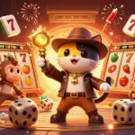 Engage with mekar11's vibrant casino adventure featuring 3D characters discovering treasures among slots and golden artifacts.