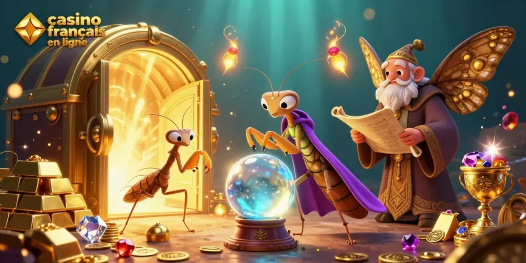 Plongez dans l'univers des gains sur casino francais en ligne avec une scène animée de diseuse de bonne aventure et de trésors étincelants.