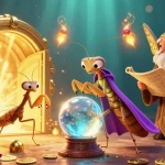 Plongez dans l'univers des gains sur casino francais en ligne avec une scène animée de diseuse de bonne aventure et de trésors étincelants.