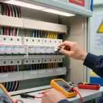 Earth leakage circuit breaker inspection by technician showcasing safety and quality in electrical systems
