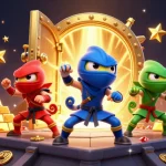 Visualisez les ninja colorés effectuant des poses martiales tout en explorant un casino en ligne avis avec des trésors scintillants.