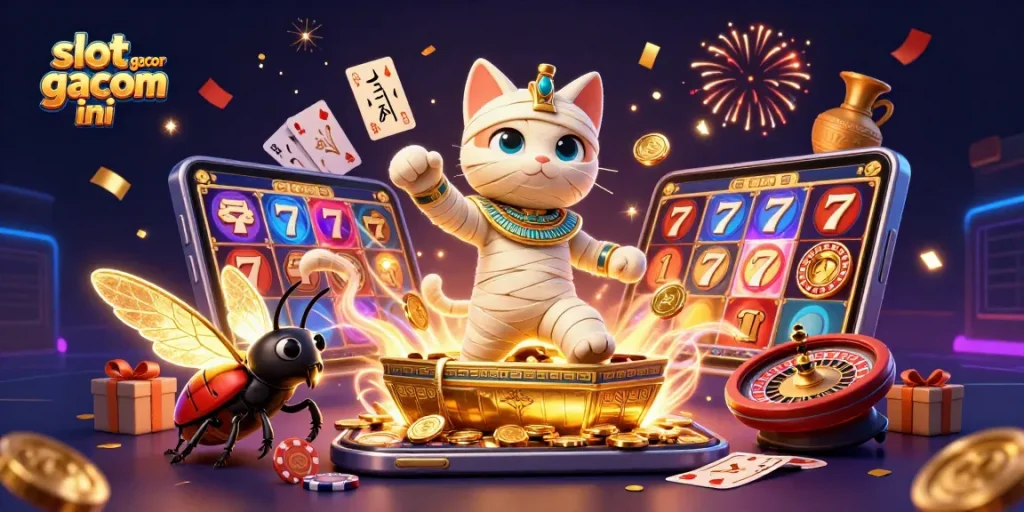 Engage with the vibrant slot gacor malam ini scene featuring a mummy cat, golden coins, and dynamic gaming elements.