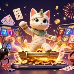 Engage with the vibrant slot gacor malam ini scene featuring a mummy cat, golden coins, and dynamic gaming elements.