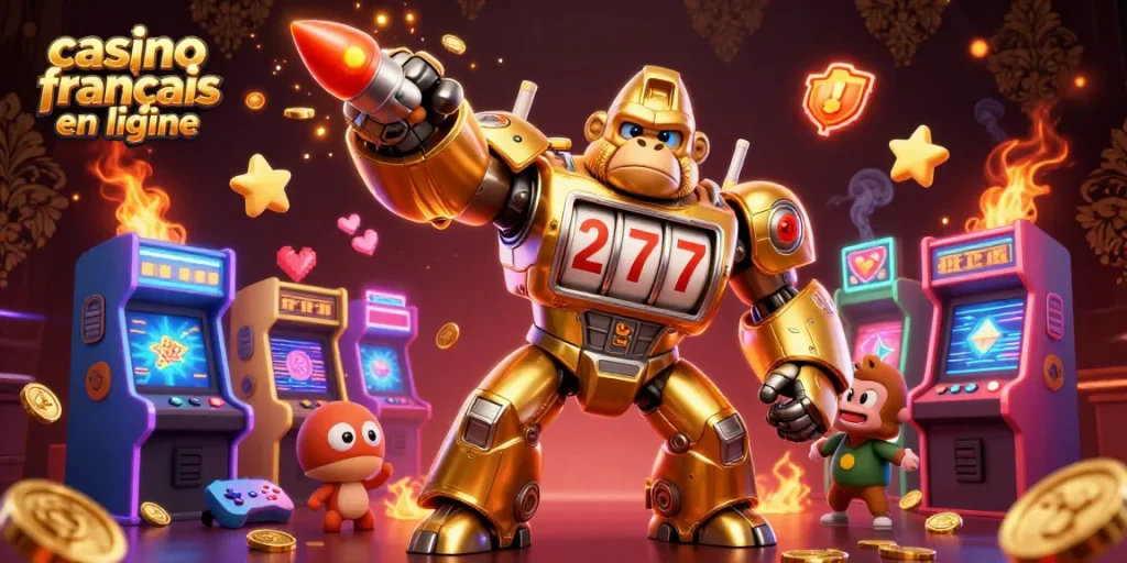 Amusez-vous au casino français en ligne avec une illustration 3D dynamique, mettant en avant un gorille doré et des machines à sous.