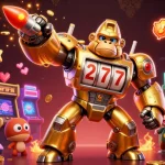 Amusez-vous au casino français en ligne avec une illustration 3D dynamique, mettant en avant un gorille doré et des machines à sous.