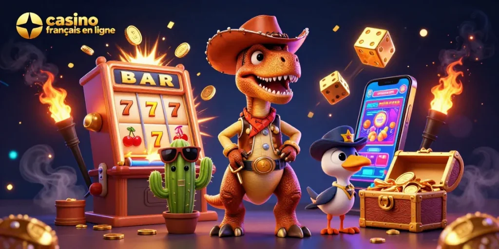 Jouez sur casino français en ligne avec une illustration dynamique de jackpot et personnages amusants.