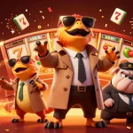 Plongez dans l'univers du casino français en ligne avec cette illustration vibrante de raptors en trench coat.