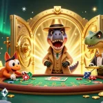 Jouez au casino en ligne retrait instantané avec des personnages animés entourés de trésors et d'éléments de jeux.