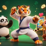 WinboxMY features a kung fu tiger master and panda disciple among colorful slot machines, showcasing exciting casino action.