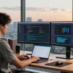 Dynamic workspace showing a developer coding on Telegram platform, focusing on innovation and productivity at 纸飞机官网.